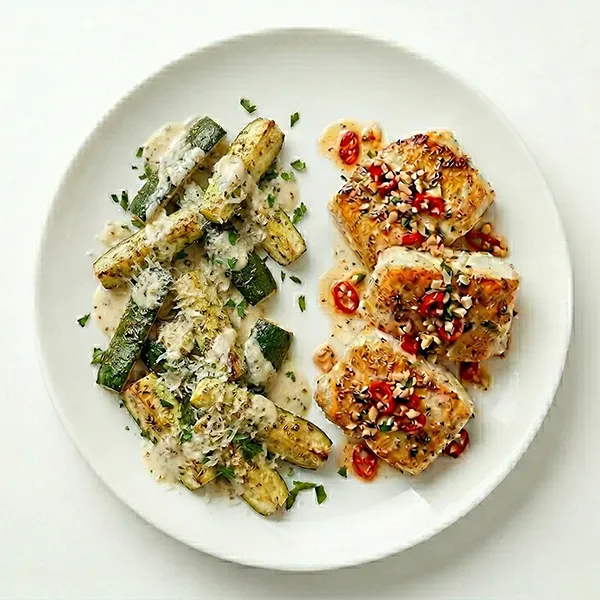 Garlic Chilli fish with Herb Roasted Zucchini and Parmesan cream sauce